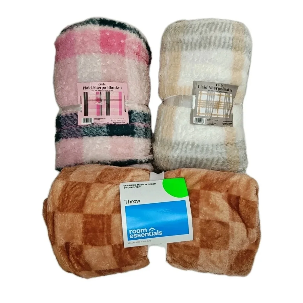 Cerla Sherpa Holiday Plaid Plush Brown Checkerboard 3 Throw Blankets 50/60